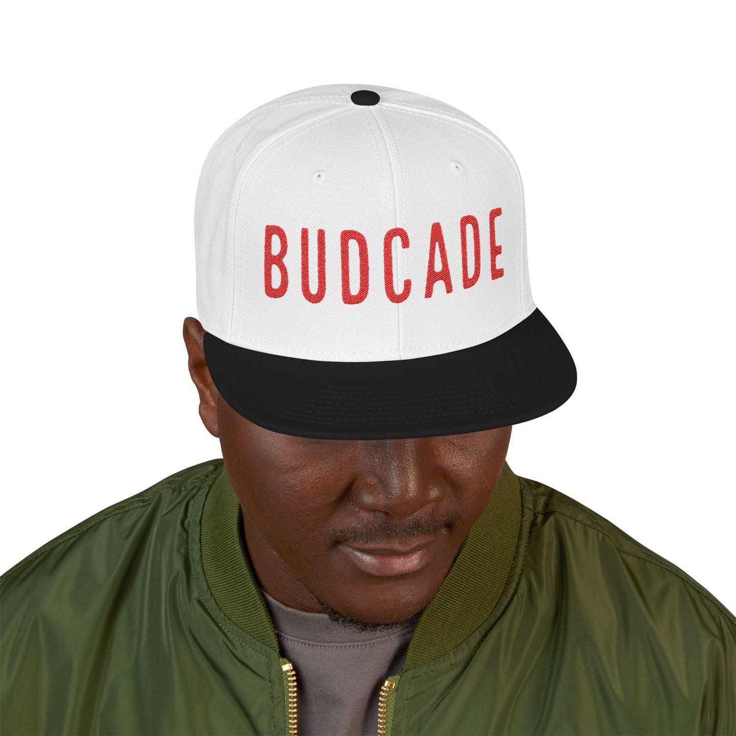 Budcade Official Text Embroidered Snapback (Red on White)