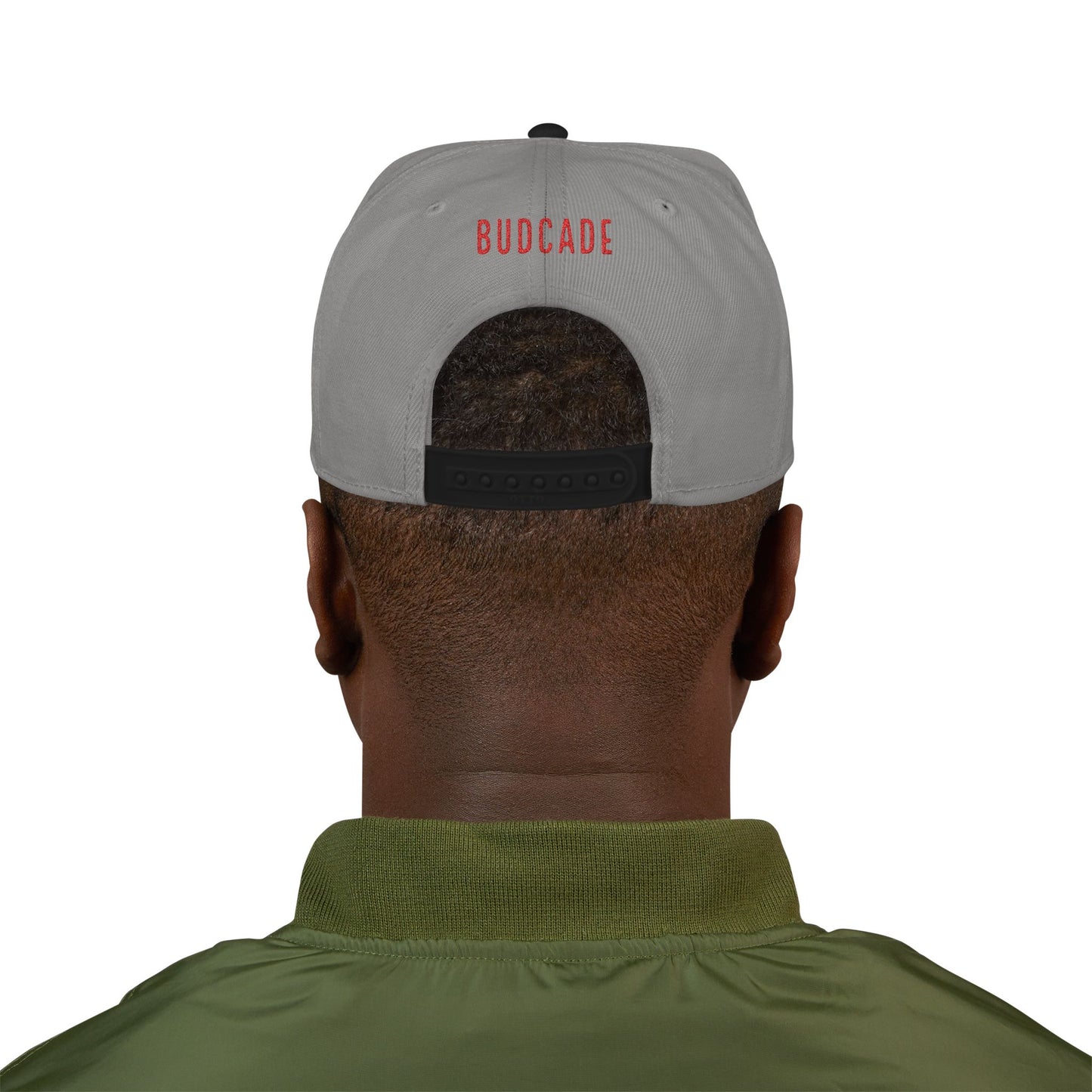 Budcade Official Logo Embroidered Snapback (Red on Gray)