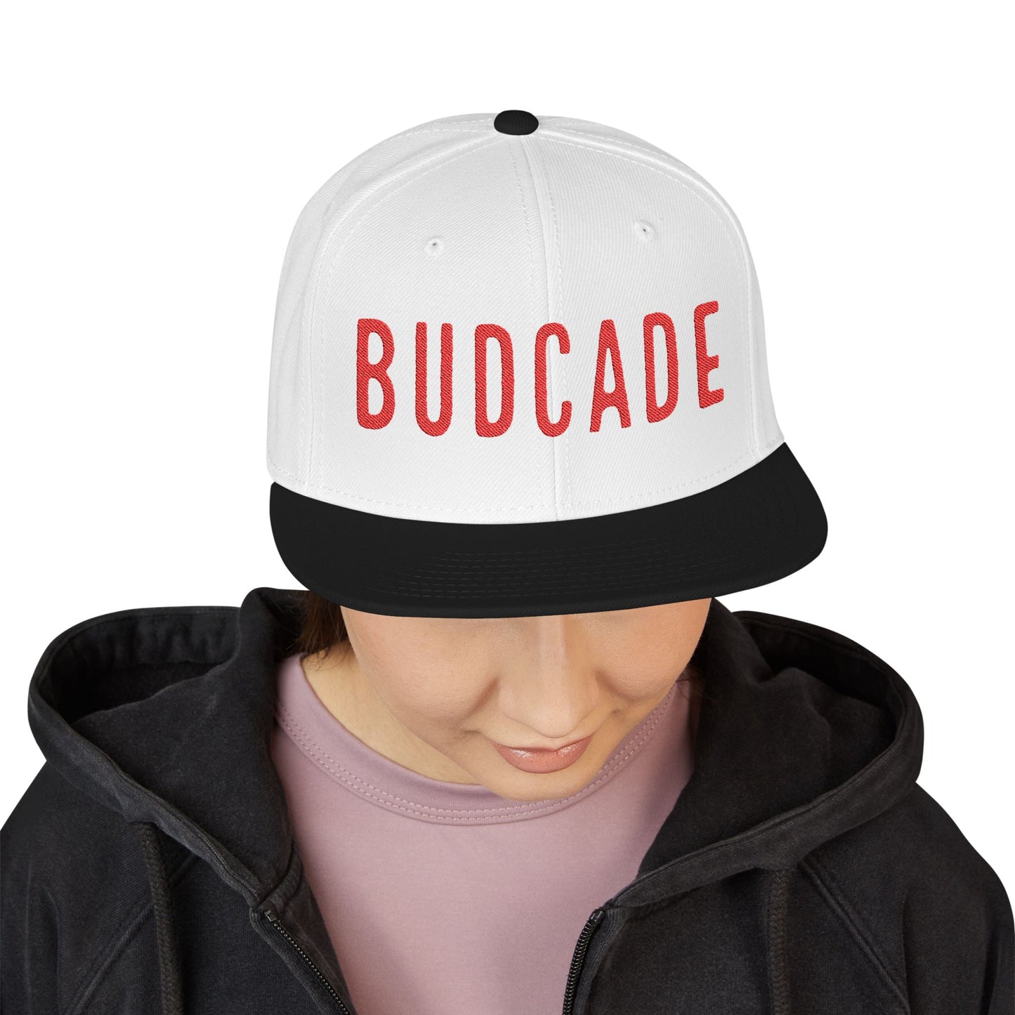 Budcade Official Text Embroidered Snapback (Red on White)