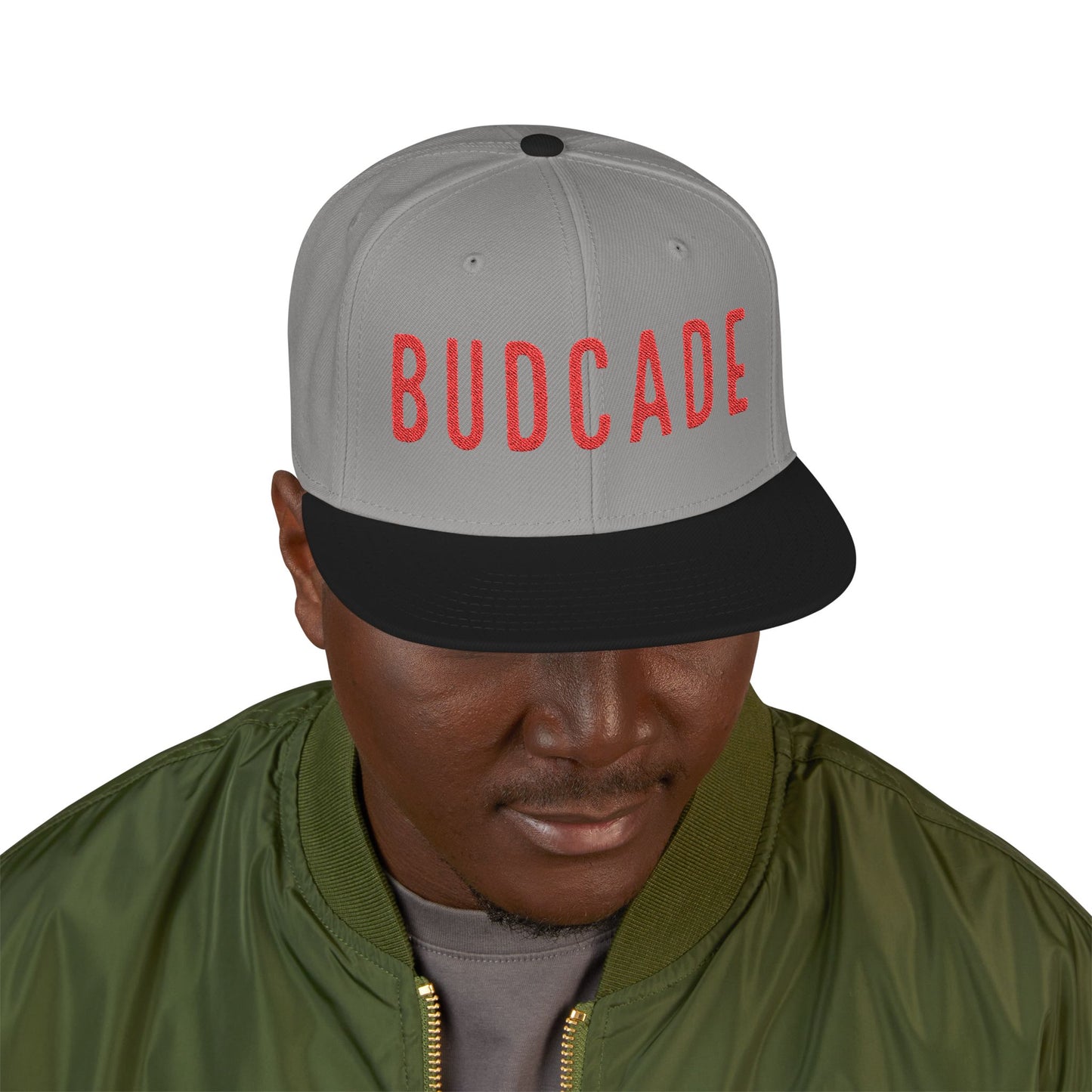 Budcade Official Text Embroidered Snapback (Red on Gray)