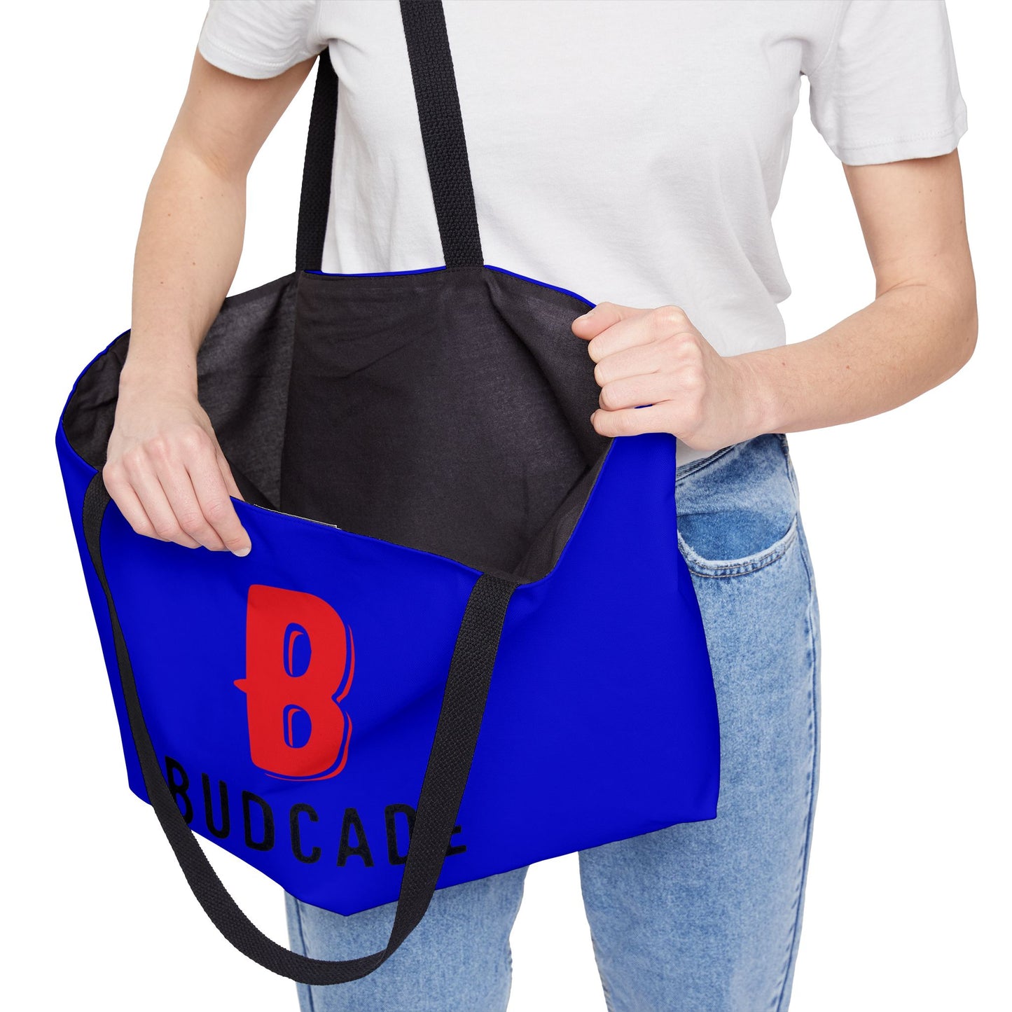 Budcade Black & Blued Tote Bag (Red on Blue)