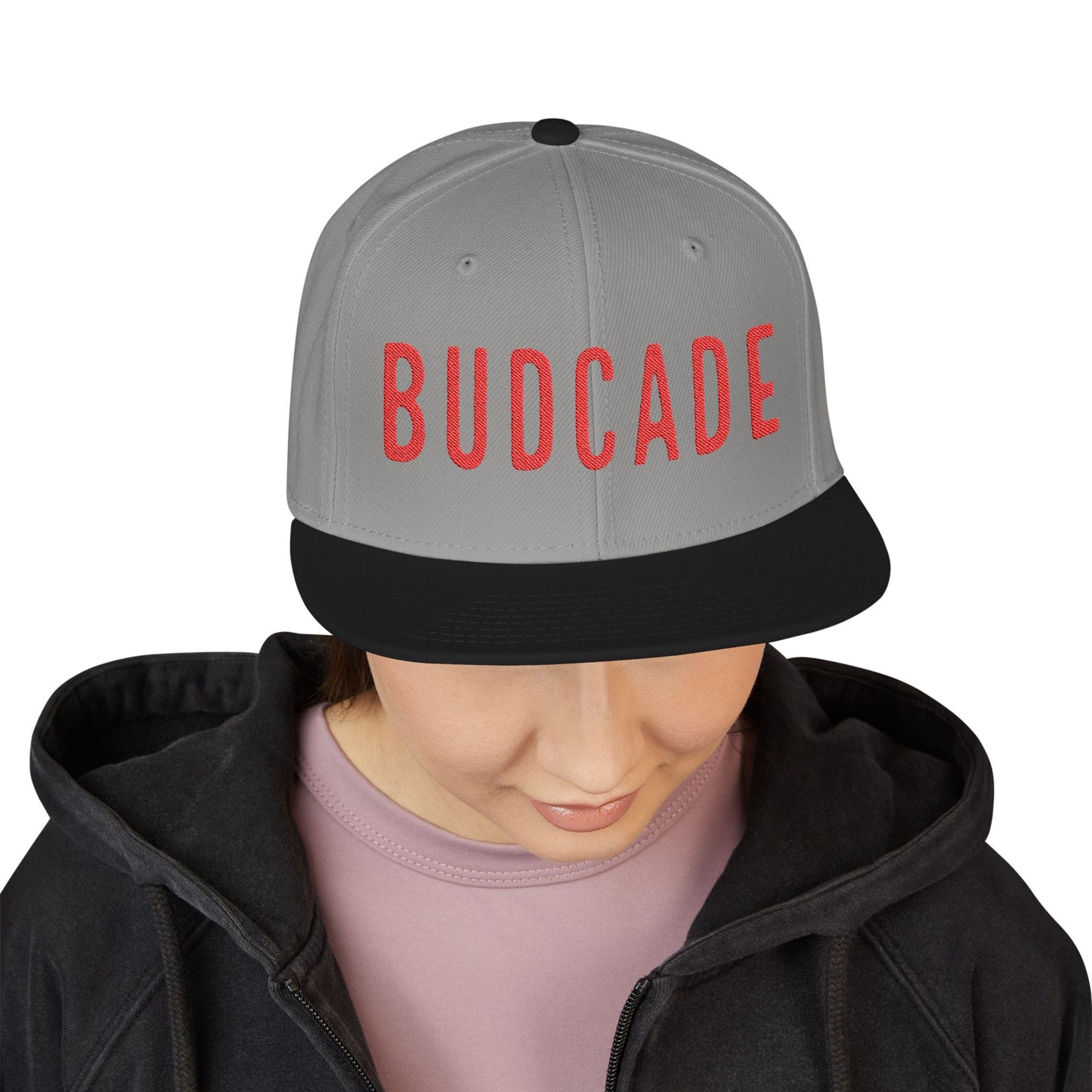 Budcade Official Text Embroidered Snapback (Red on Gray)