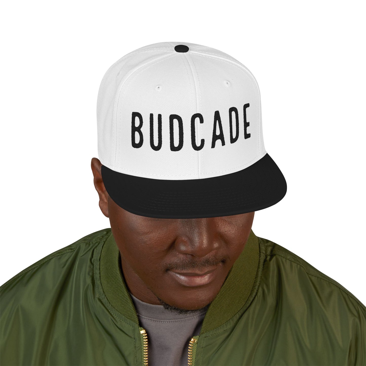 Budcade Blackout Text Embroidered Snapback (Black on White)