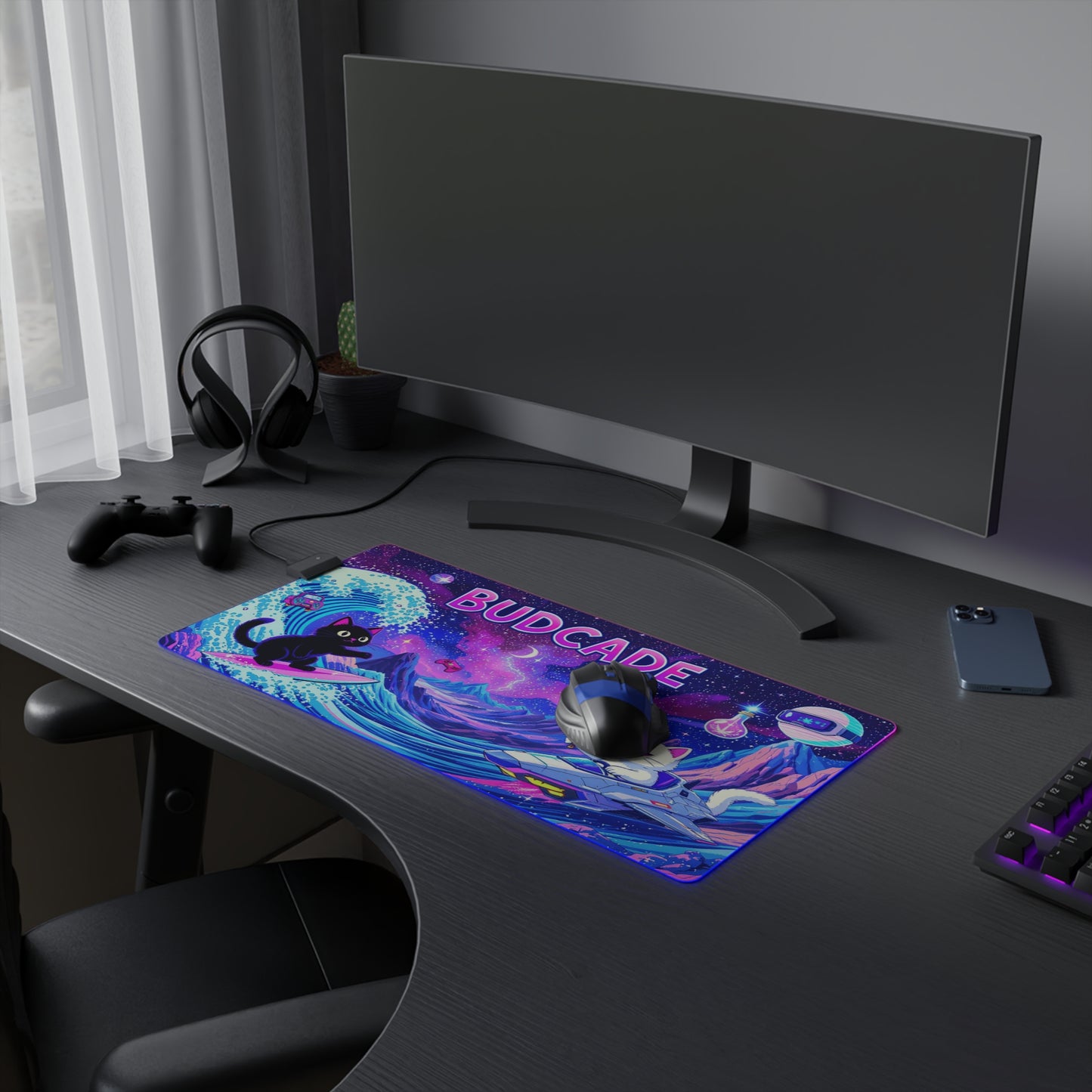 Budcade Cat Space Weed Magic Colorful LED Gaming Mouse Pad