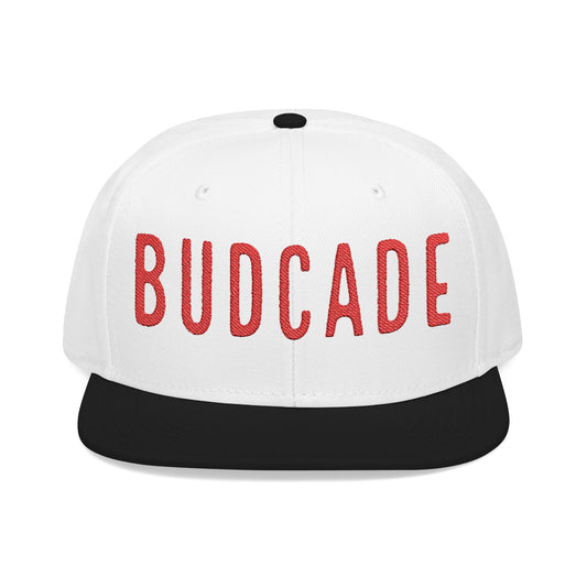Budcade Official Text Embroidered Snapback (Red on White)