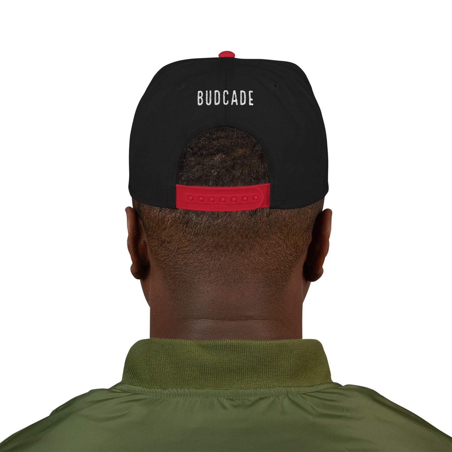 Budcade Official Logo Embroidered Snapback (Red on Black)