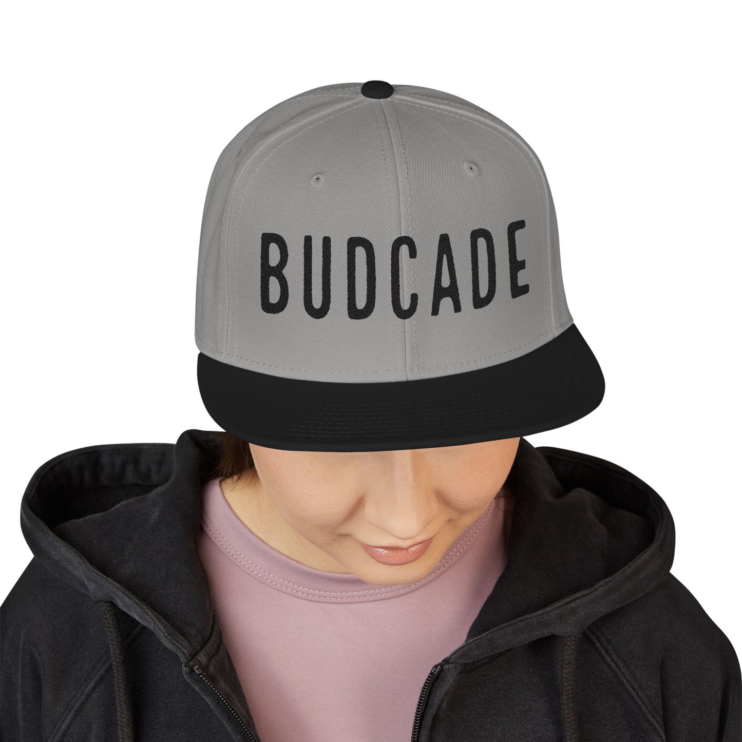 Budcade Blackout Text Embroidered Snapback (Black on Gray)
