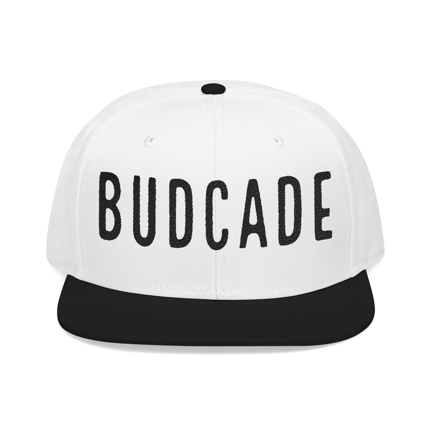 Budcade Blackout Text Embroidered Snapback (Black on White)
