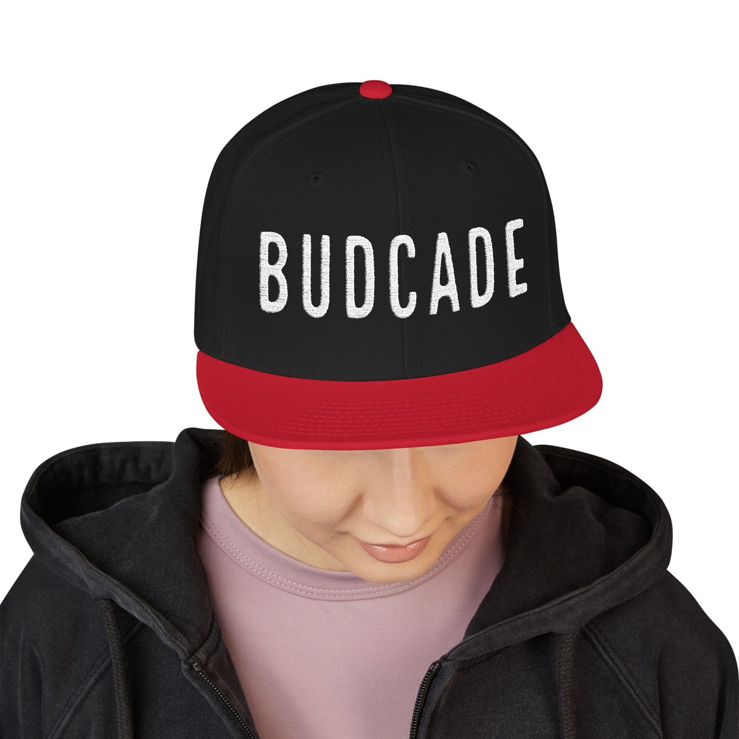 Budcade Official Text Embroidered Snapback (White on Black)