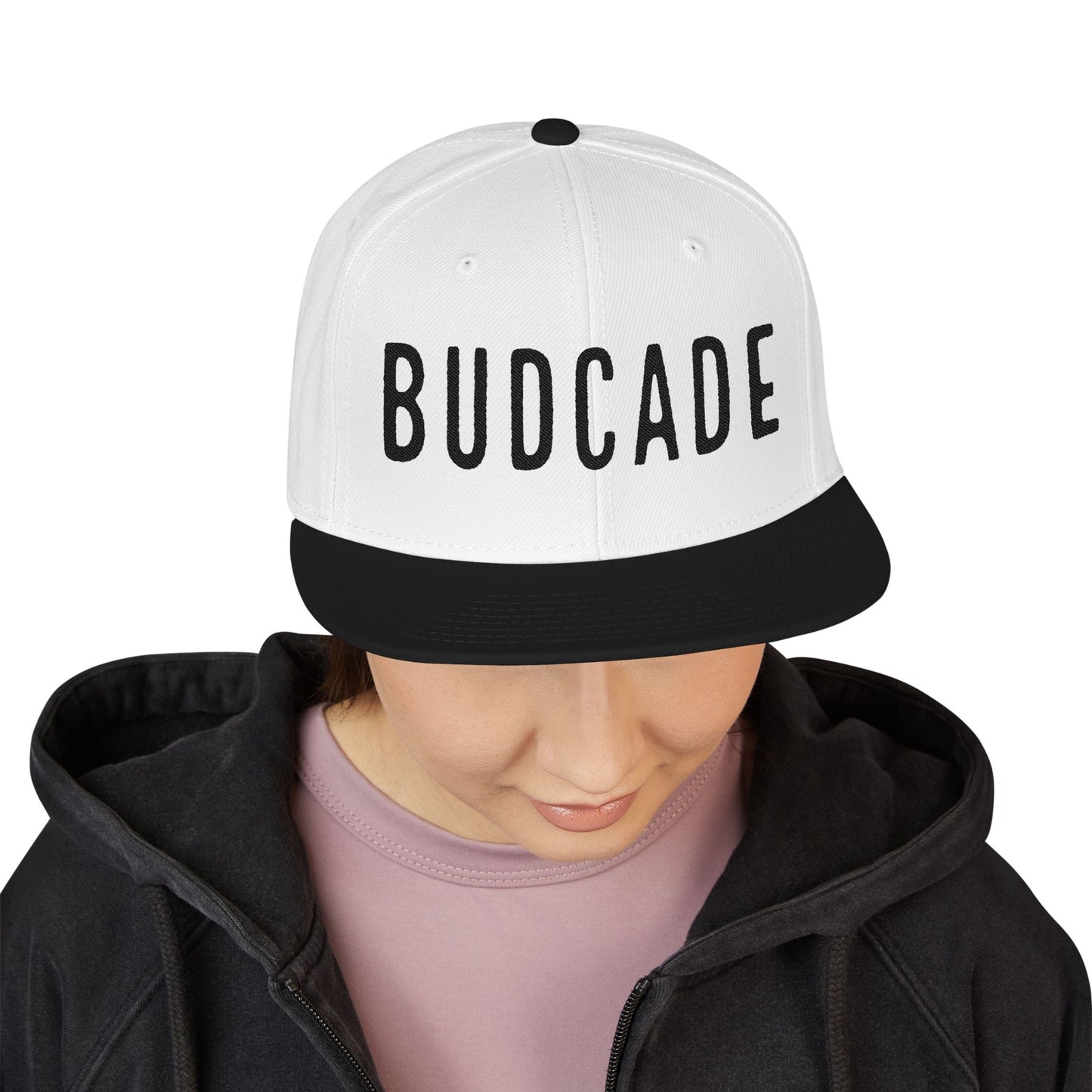 Budcade Blackout Text Embroidered Snapback (Black on White)