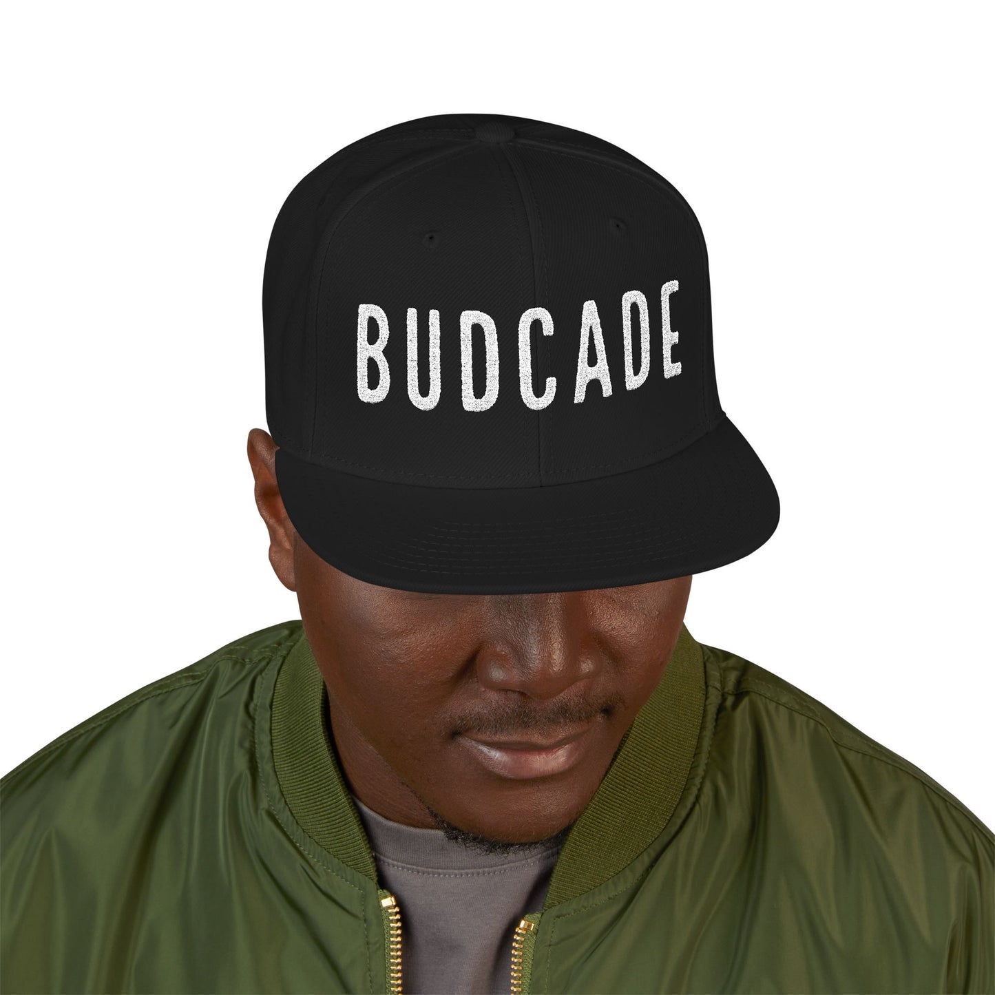 Budcade Blackout Text Embroidered Snapback (White on Black)