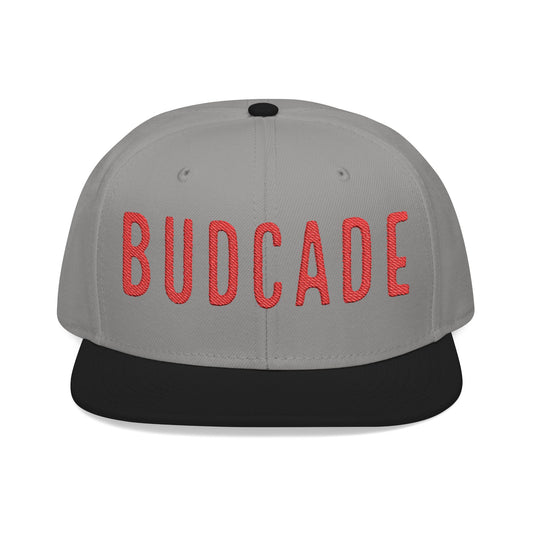 Budcade Official Text Embroidered Snapback (Red on Gray)