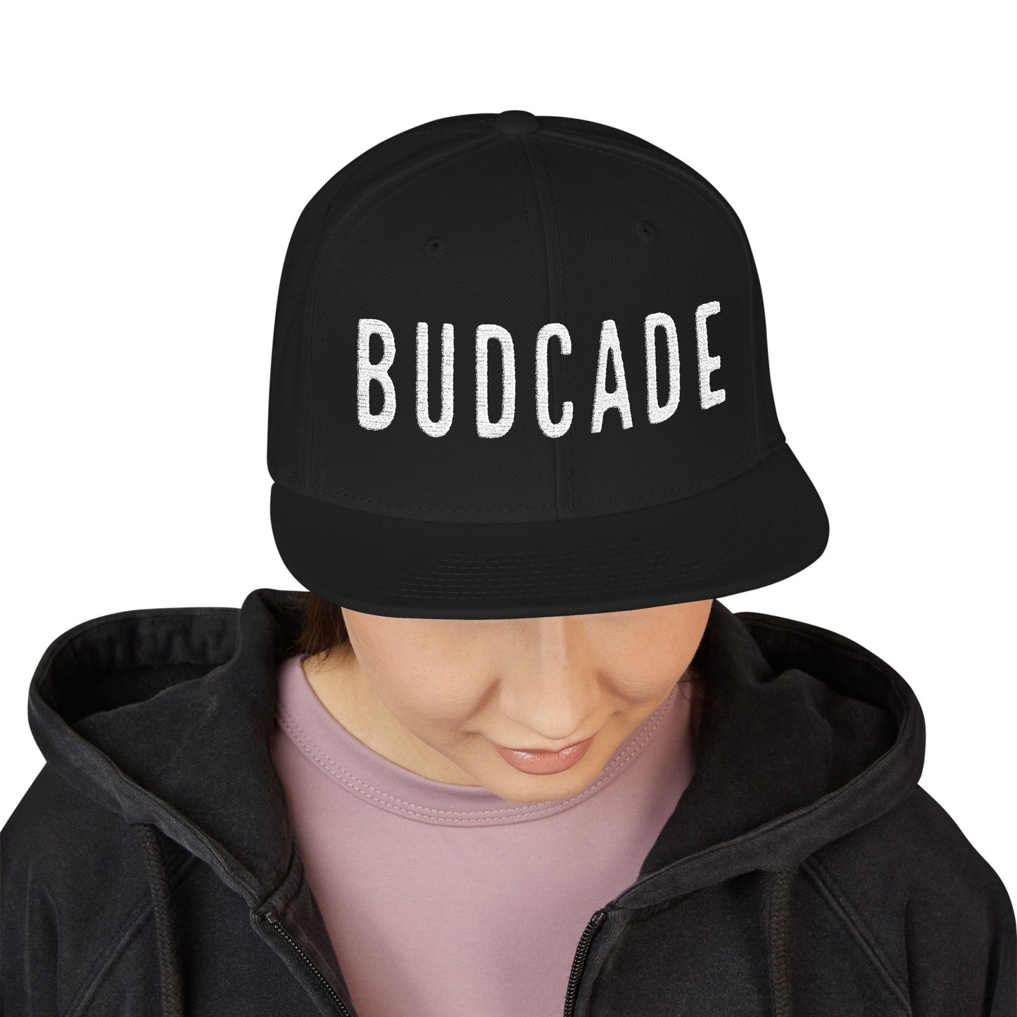 Budcade Blackout Text Embroidered Snapback (White on Black)
