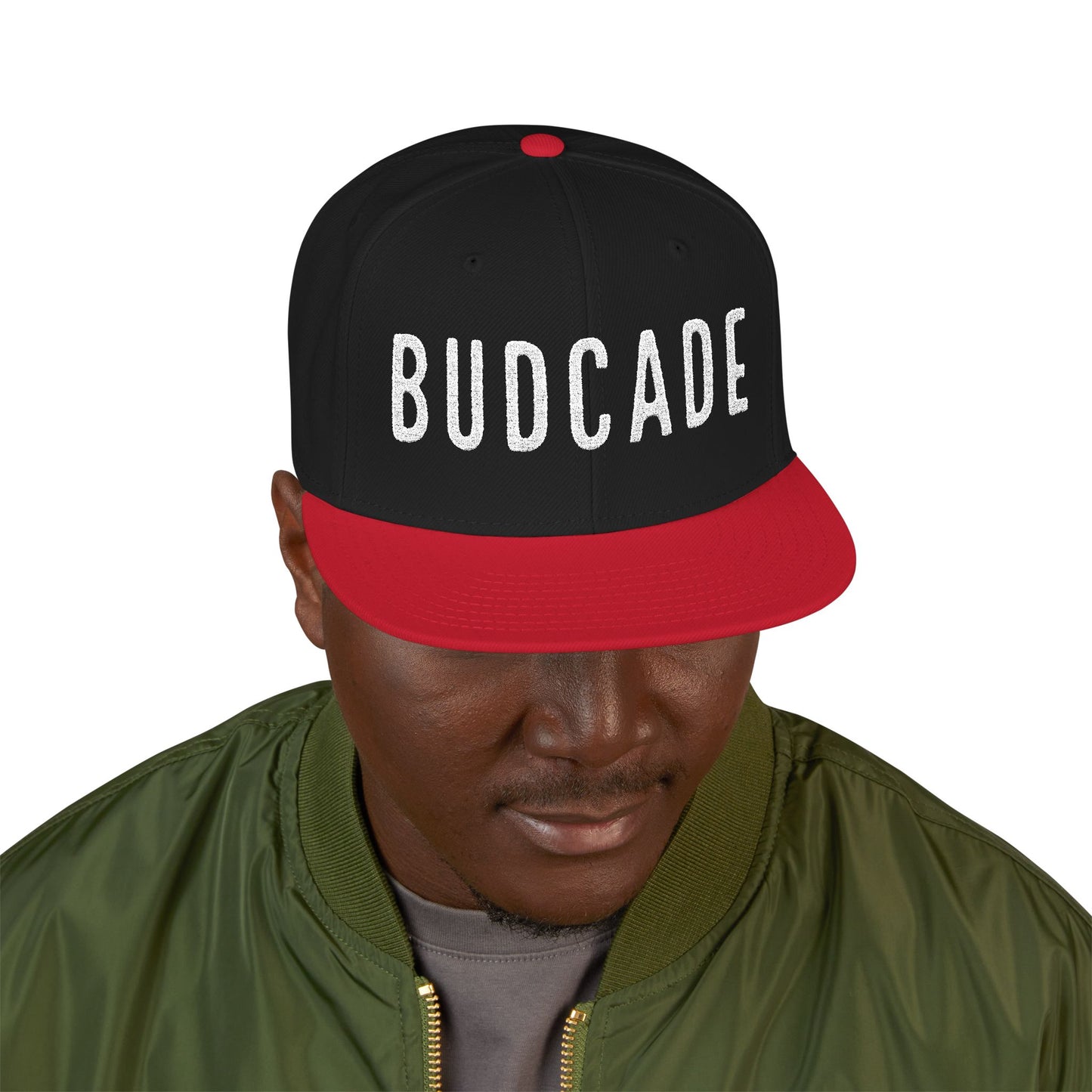 Budcade Official Text Embroidered Snapback (White on Black)