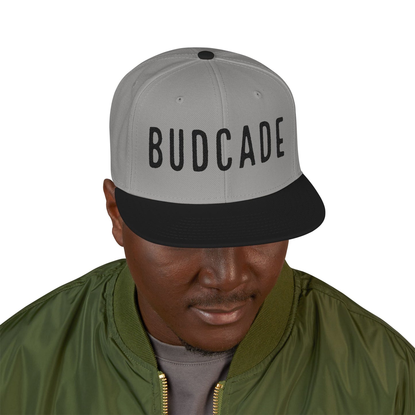 Budcade Blackout Text Embroidered Snapback (Black on Gray)