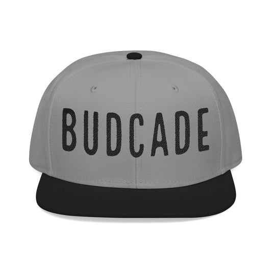 Budcade Blackout Text Embroidered Snapback (Black on Gray)