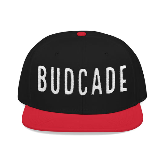 Budcade Official Text Embroidered Snapback (White on Black)