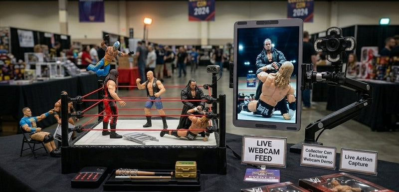 Example action figure arena: wrestling ring with figures and a live webcam screen