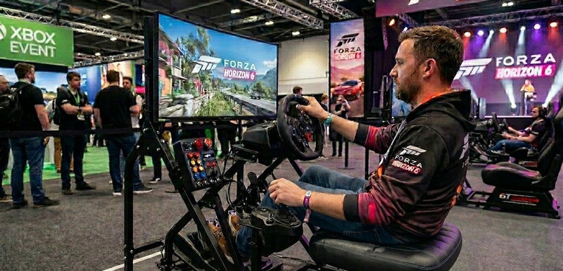 Example driving sim setup: racing seat, wheel and big screen