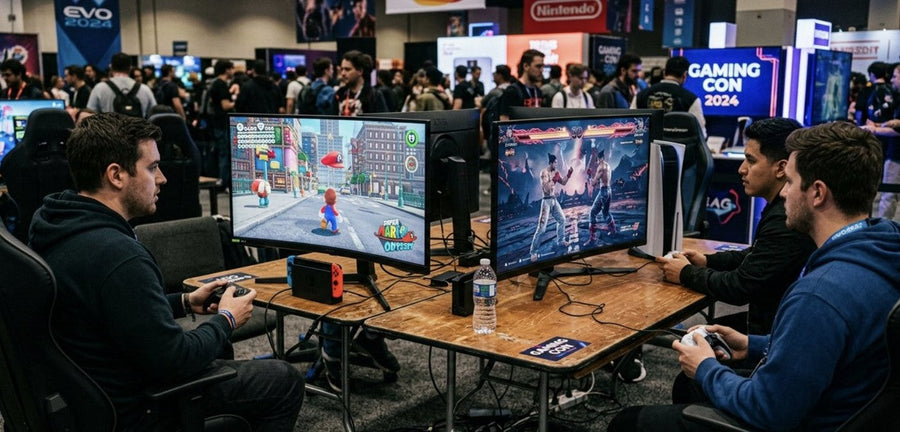 Example modern console setup: two screens with controllers on a table