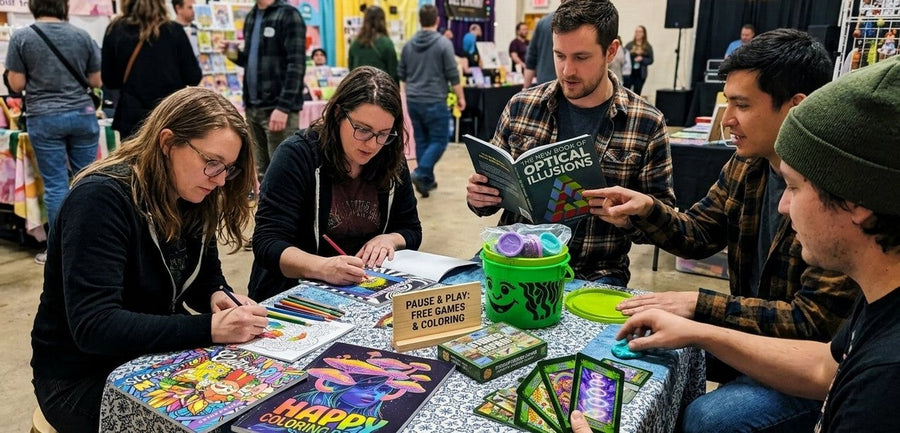 Example crafts setup: coloring books, cards and tabletop play