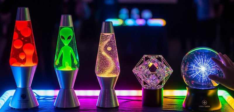 Example sensory table: lava lamps, a plasma ball and light-up shapes